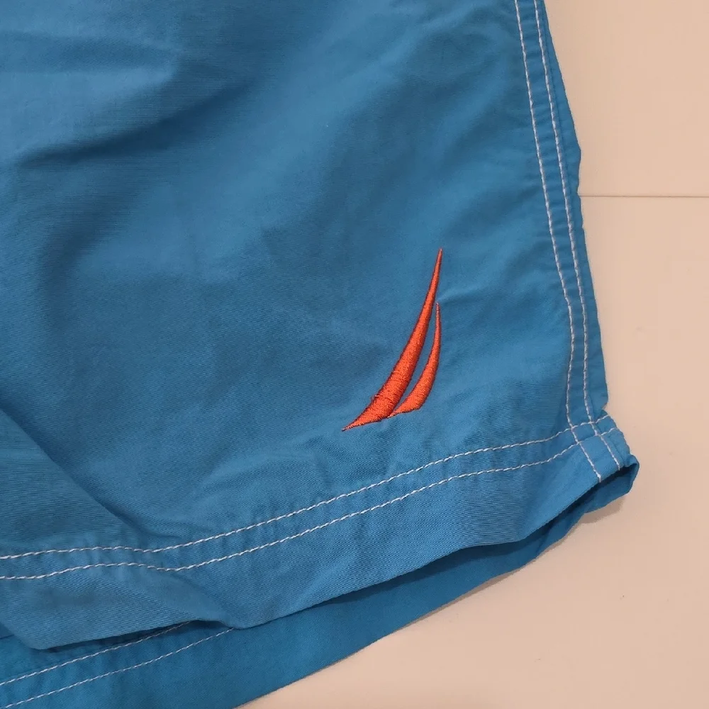 Nautica Mens Quick Dry Swim Trunks Blue Orange Sail Logo Lined Shorts Size Large